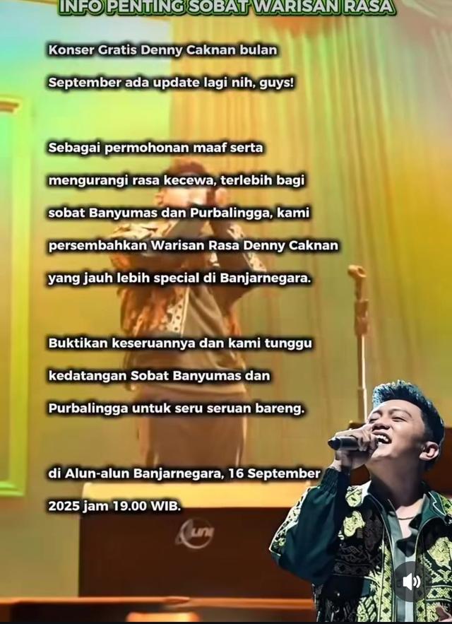 Penyanyi Denny Caknan batal konser di Purwokerto dan Purbalingga. Sebagai gantinya, Denny Caknan konser di Banjarnegara. (Dok panitia)