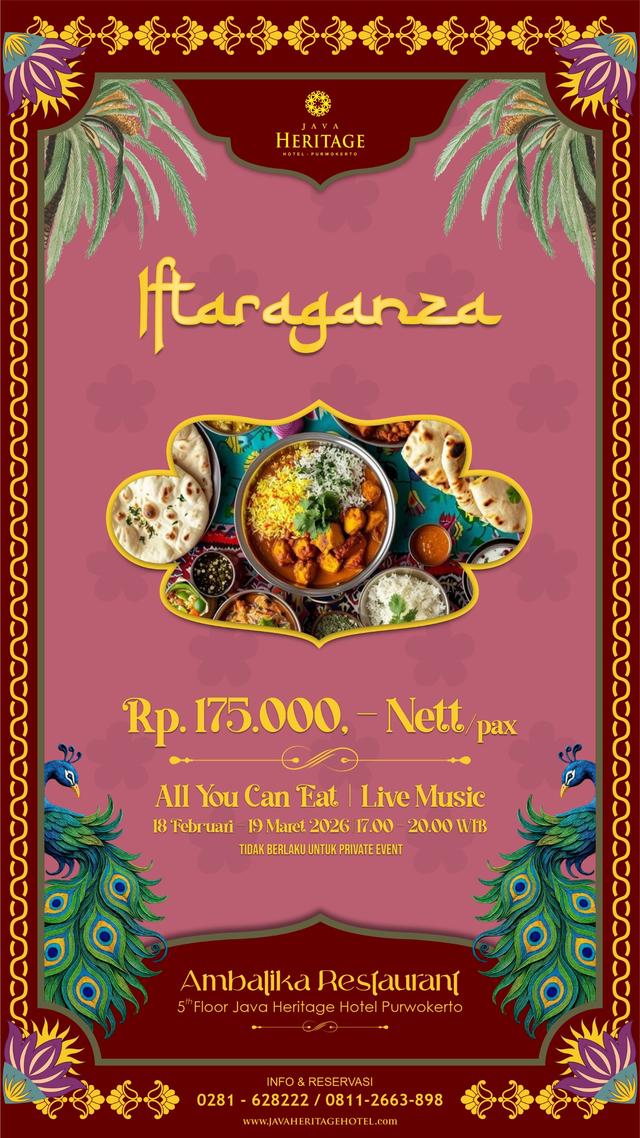 Menyambut Ramadan 1447 Hijriah, Java Heritage Hotel Purwokerto kembali menghadirkan program berbuka puasa spesial bertajuk Iftaraganza 2026 dengan konsep all you can eat.