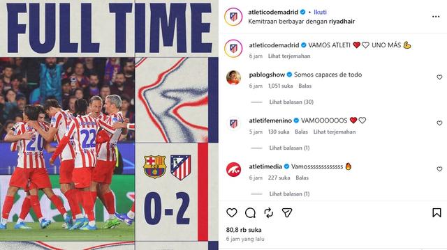 Barcelona harus mengakui keunggulan Atlético Madrid dengan skor 0-2 meski tampil dominan sepanjang pertandingan.